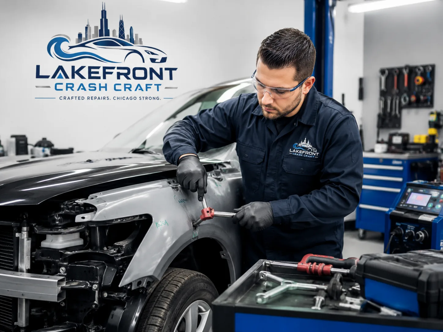 Collision repair technician working on a vehicle